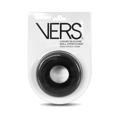 VERS Liquid Silicone Motion Ball Stretcher in black with steel motion balls, packaged in clear plastic on white card.