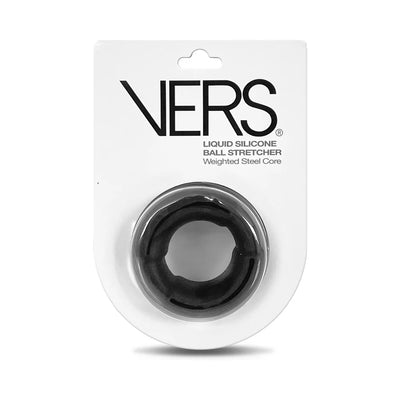 Vers Liquid Silicone Ball Stretcher with weighted steel core in black, packaged on white card with clear plastic cover.