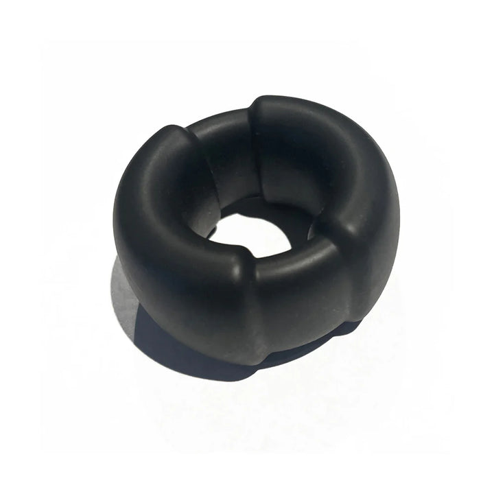 Black liquid silicone ball stretcher with a smooth, rounded design and weighted steel core.