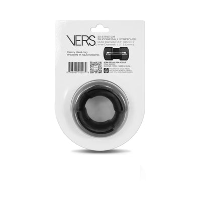 Vers Liquid Silicone Steel Weighted Ball Stretcher in black, packaged on white card with product details and barcode.