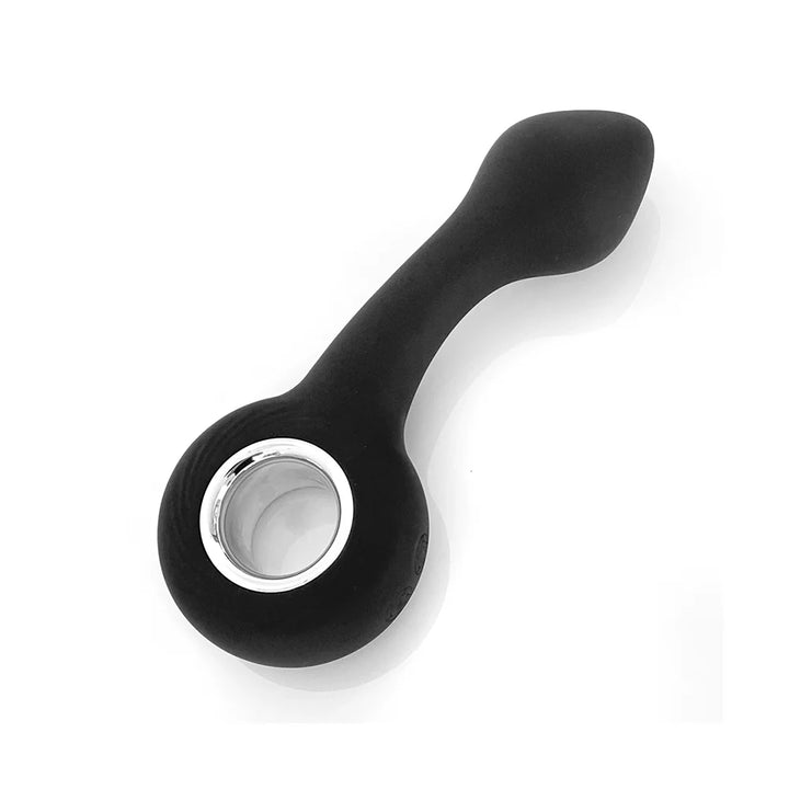 Black silicone rechargeable G-spot vibrator with ergonomic curved design and silver ring handle on white background.