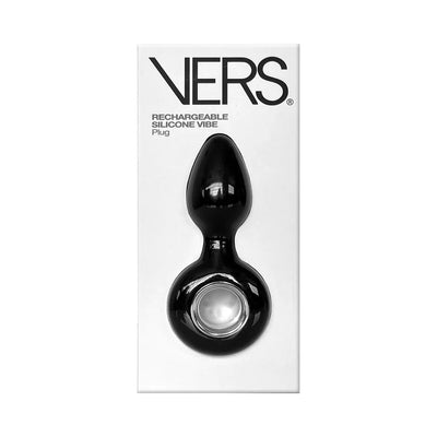 Black rechargeable silicone anal plug with a circular handle displayed on white VERS branded packaging.