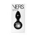 Black rechargeable silicone anal plug with a circular handle displayed on white VERS branded packaging.