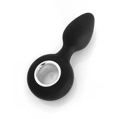Black rechargeable silicone anal plug with ergonomic shape and silver ring handle on a white background.