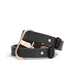 Black genuine leather cuffs with rose gold stainless steel hardware and adjustable buckle detail.