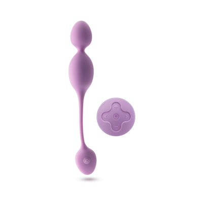 Lilac Wellness Raine vibrating kegel ball with smooth silicone surface and matching wireless remote control.