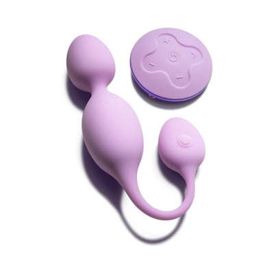 Lilac Wellness Raine vibrating kegel ball with wireless remote control on white background.