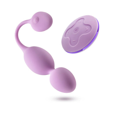 Lilac Wellness Raine vibrating kegel ball with curved design and matching wireless remote control on white background.