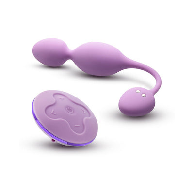 Lilac Wellness Raine vibrating kegel ball with wireless remote control on white background.