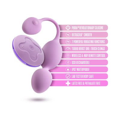 Lilac Wellness Raine vibrating kegel ball with wireless remote and key features listed alongside on a white background.