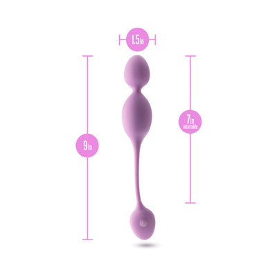 Lilac Wellness Raine vibrating kegel ball with dimensions showing 9 inches total length and 7 inches insertable length.