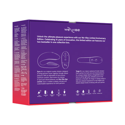 We-Vibe 15 Year Anniversary Collection packaging showing Sync 2 couples vibrator and Tango X bullet vibrator features and icons.