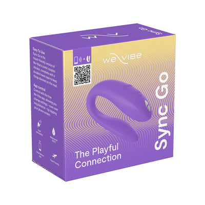 Purple and yellow packaging of We-Vibe Sync Go couples vibrator with product image and key features listed.