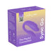 Purple and yellow packaging of We-Vibe Sync Go couples vibrator with product image and key features listed.
