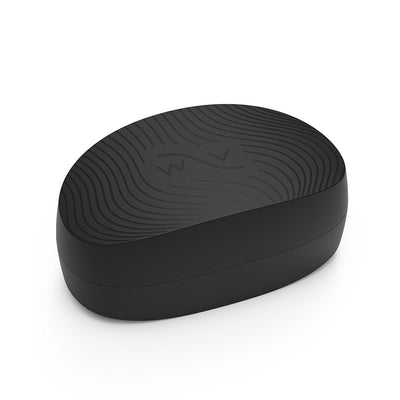 Black oval-shaped travel case with textured top and subtle We-Vibe logo for discreet storage and protection.