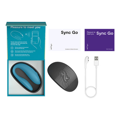 We-Vibe Sync Go couples vibrator in blue with black travel case, USB charging cable, and user manuals displayed on white background.