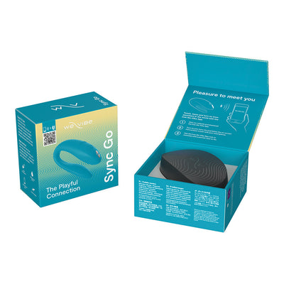We-Vibe Sync Go couples vibrator in teal with packaging box and black travel case displayed inside open box