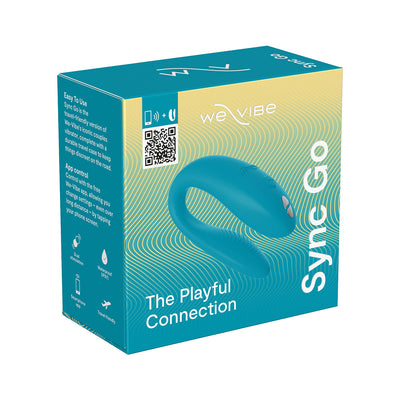 We-Vibe Sync Go couples vibrator in teal with packaging highlighting app control, waterproof design, and travel-friendly features.