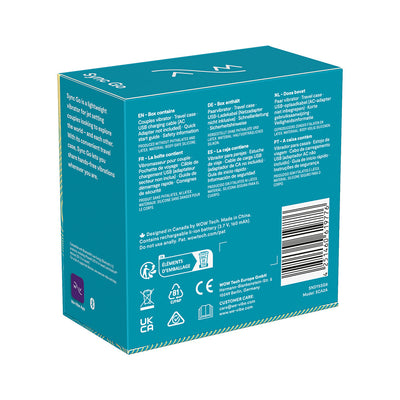 We-Vibe Sync Go couples vibrator packaging box showing product details and multilingual descriptions on a teal background.