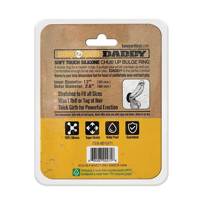 Packaging back of Daddy Silicone Ring with product details, features, and care instructions on recycled cardboard.