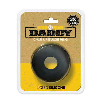 Black silicone chub up bulge ring in clear plastic packaging with brown and yellow cardboard backing.