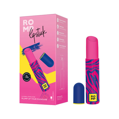ROMP Pleasure Air Lipstick clitoral stimulator in pink and blue with packaging box, featuring a compact, lipstick-style design.