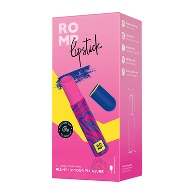 Packaging of ROMP Pleasure Air Lipstick clitoral stimulator in pink and blue with yellow accents, featuring product details and design.