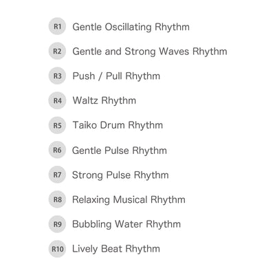 List of 10 vibration rhythms for iroha mai TOKI including Gentle Oscillating, Push/Pull, Waltz, Taiko Drum, and Bubbling Water Rhythms.