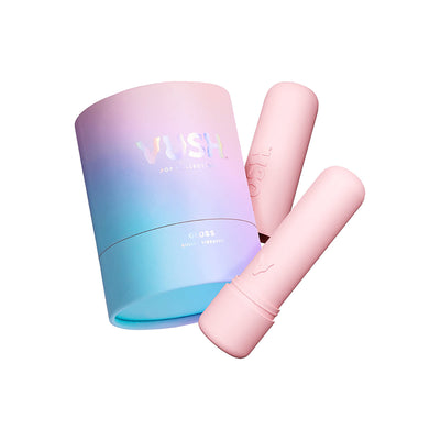 Pink Vush Gloss bullet vibrator with matching pastel gradient storage case on white background