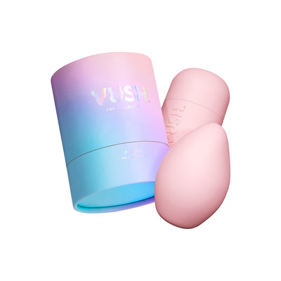 Pink VUSH Plump Palm Vibrator with matching magnetic charging case in pastel gradient packaging