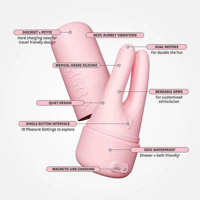 Pink VUSH Swish Dual Tip Vibrator with labeled features including bendable arms, dual motors, waterproof design, and magnetic USB charging.