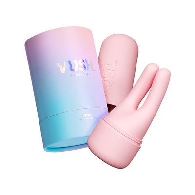 Pink VUSH Swish Dual Tip Vibrator with matching pastel gradient storage case on white background