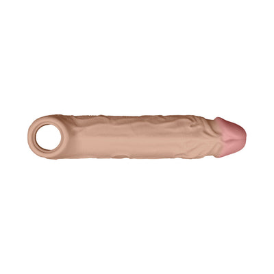 Realistic flesh-toned flexible shaft sheath with textured surface and finger loop on one end