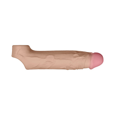 Realistic flesh-toned silicone sheath with detailed texture and pink tip, designed for intimate use.