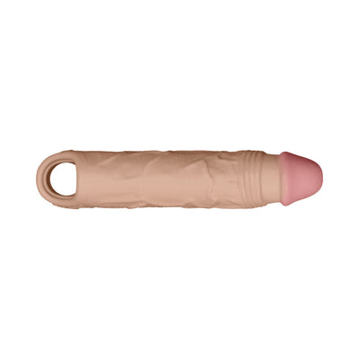 Realistic flesh-toned shaft sheath with a pink tip and textured surface, designed for a snug, comfortable fit.