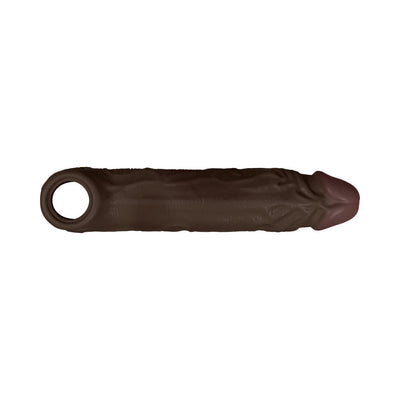 Dark brown realistic textured shaft sheath with open ring base, made from flexible silicone material.