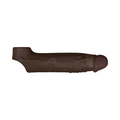Dark brown flexible shaft sheath with realistic texture and rounded tip, designed for comfortable fit and enhanced sensation.
