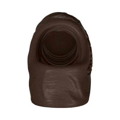 Close-up view of the dark brown flexible silicone Shaft Model F sheath with textured interior and smooth exterior.