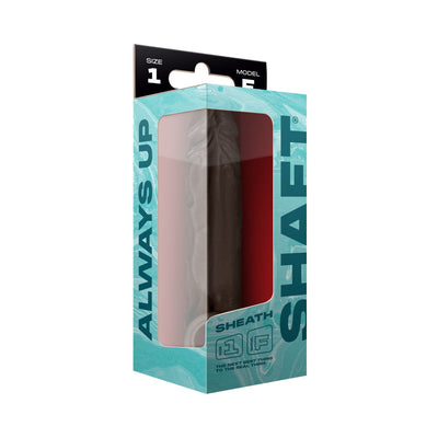 Model F Shaft Sheath Size 1 in teal and black packaging with clear window showing textured sheath inside.