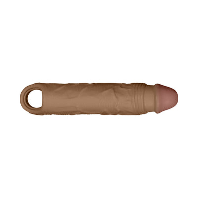 Realistic brown silicone shaft sheath with textured surface and open ring base for secure fit.