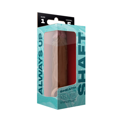 Model F Shaft Sheath Size 1 in packaging with turquoise design and clear window showing realistic texture sheath inside.