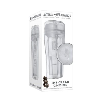 Packaging of Zero Tolerance The Clear Choice stroker with clear textured design and included cock and ball ring shown.