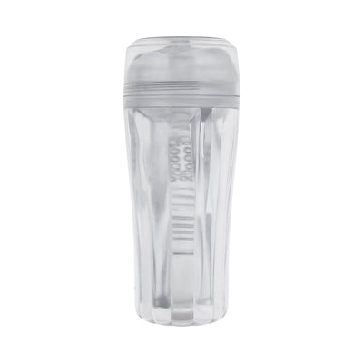Clear textured stroker with ergonomic grip and removable cap for easy cleaning and secure storage.