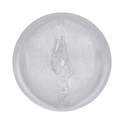 Top view of the clear textured stroker with realistic vaginal entry and soft inner channel.