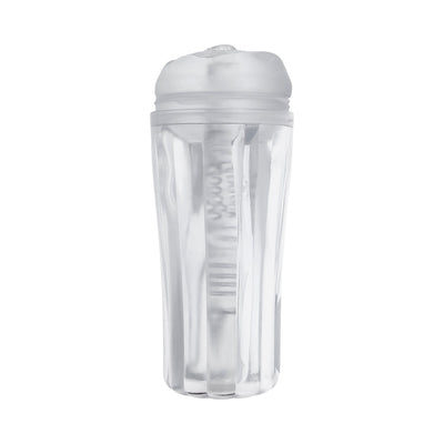 Clear textured stroker with ergonomic grip and removable cap for easy cleaning and secure storage.