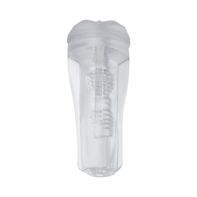 Clear textured stroker with ergonomic grip and visible beaded inner channel for a realistic experience.