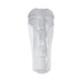 Clear textured stroker with ergonomic grip and visible beaded inner channel for a realistic experience.