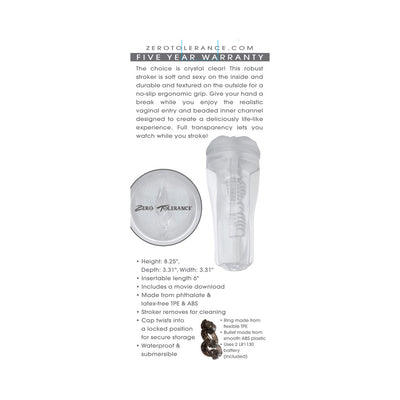 Clear Zero Tolerance The Clear Choice stroker with textured grip, removable sleeve, and secure twist cap shown with product details.