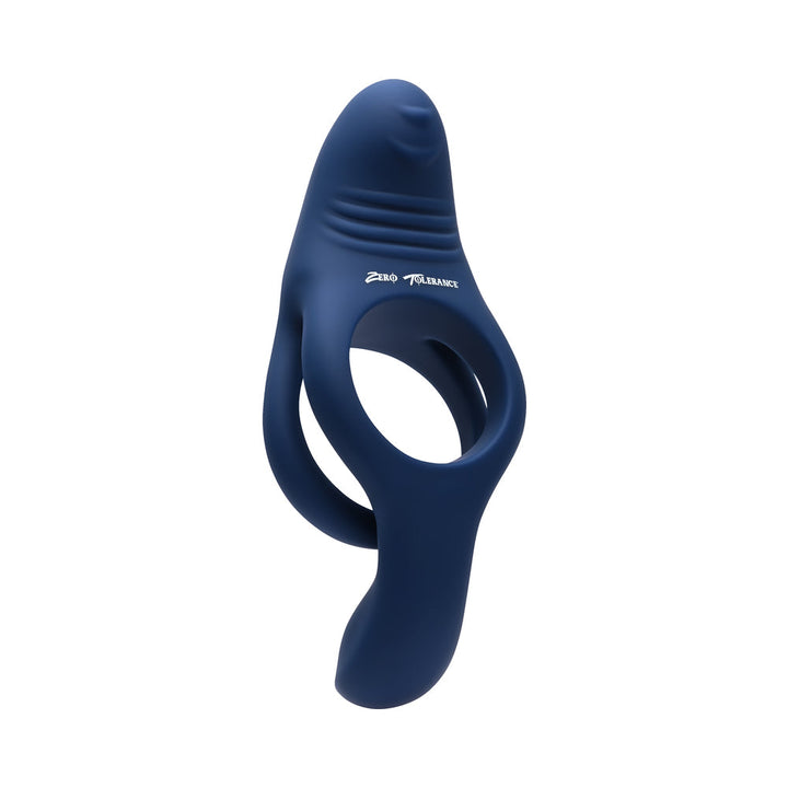 Blue rechargeable dual C-ring with textured stimulator and flexible silicone design by Zero Tolerance.