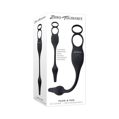 Black silicone rechargeable vibrating plug and dual ring combo displayed on white packaging box.